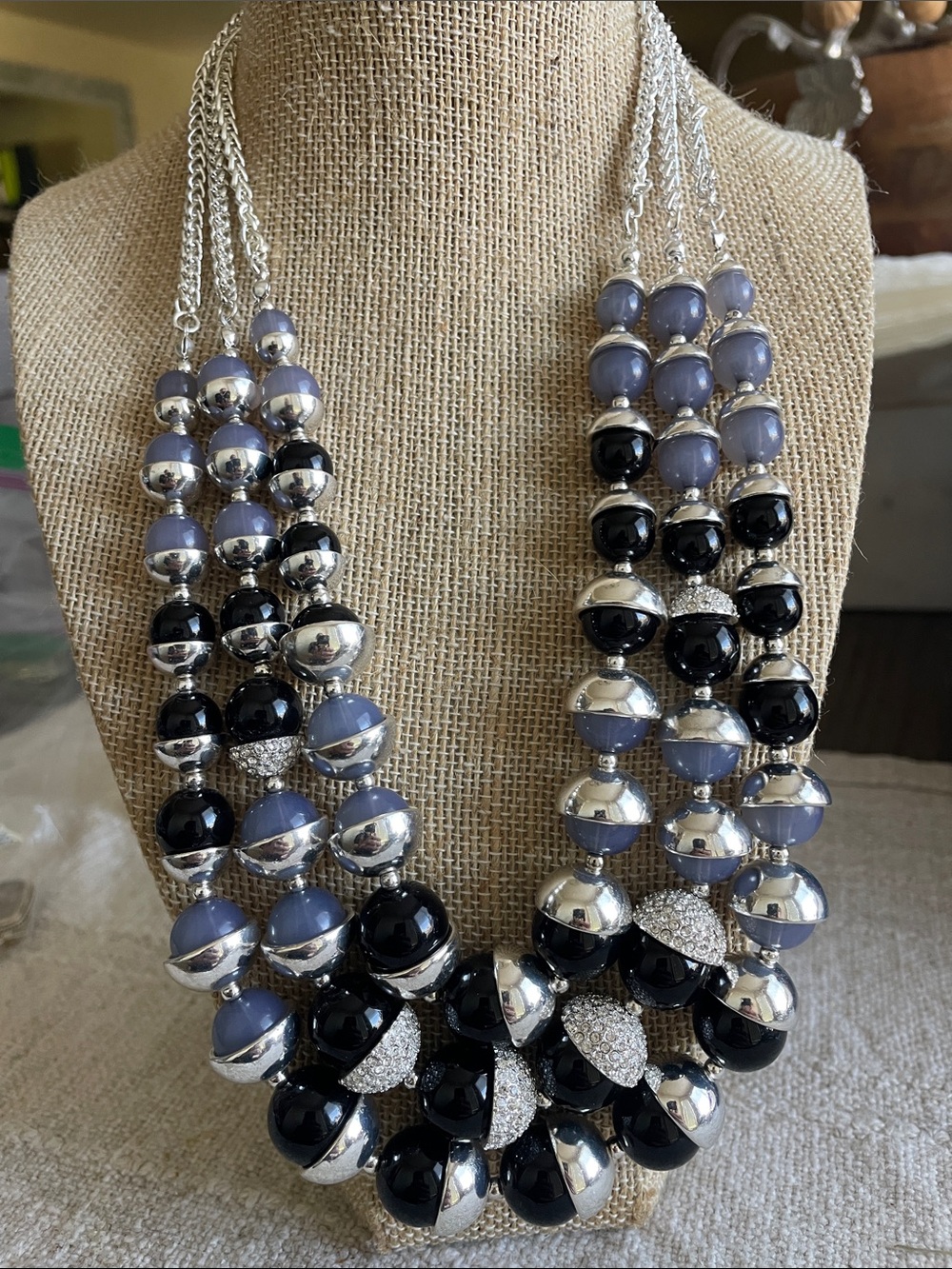 White House Black Market Dual -Strand Silver, Black & Lavender Bead Necklace